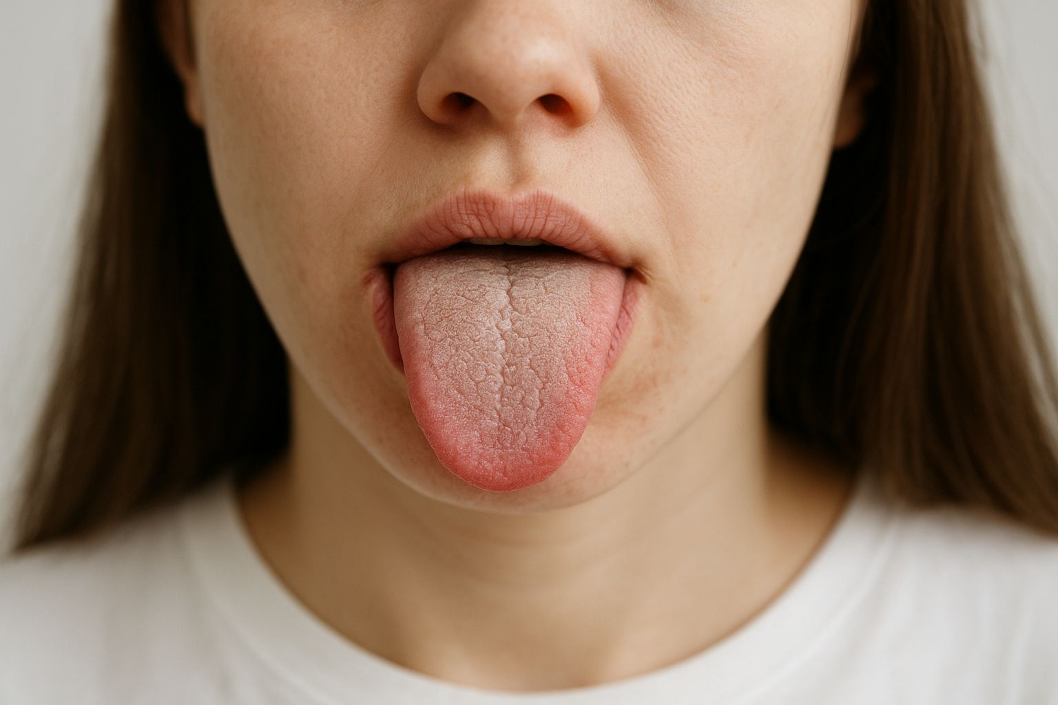 Närbild på en öppen mun med torra, spruckna läppar och en uttorkad tunga.
