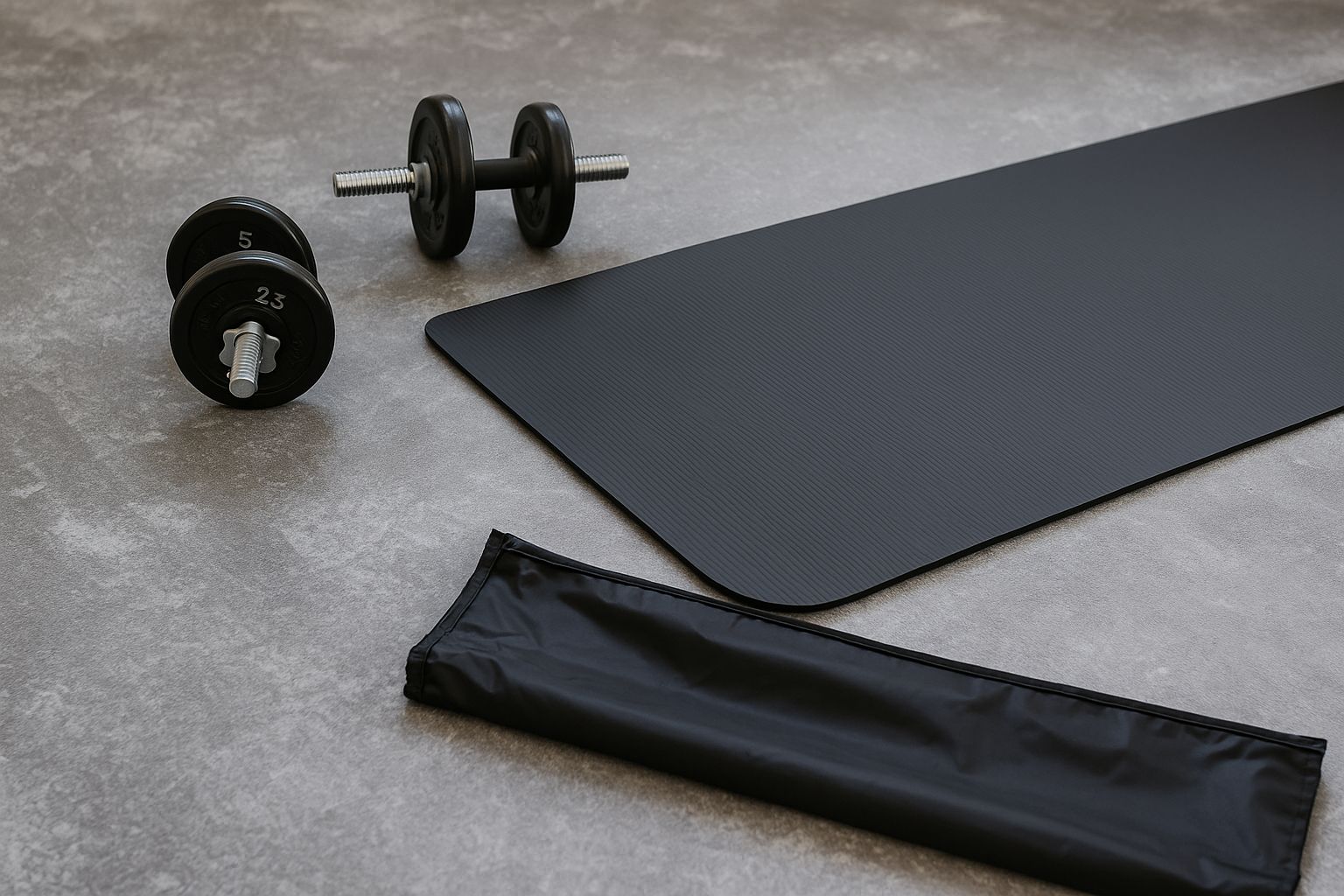 Minimalistiskt hemmagym med en uppsättning hantlar i olika vikter, handdukar och vattenflaska.