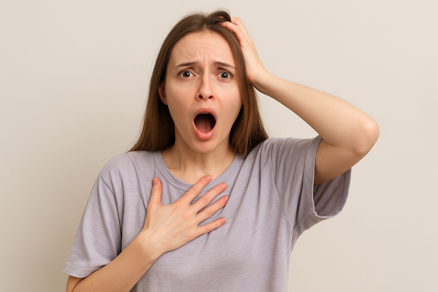 Ansiktsbild på stressad person med öppen mun och handen mot kinden